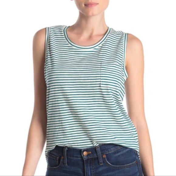 Madewell Women's Green and White 100% Cotton Striped Pocket Muscle Tank Size XXS - Picture 2 of 6